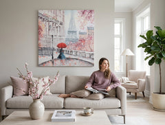 Pictat manual tablou pe pânză cu motivul PARIS, Turnul Eiffel, flori de cireș, ploaie, motiv urban în roz-roșu nuanțe agățat în interiorul dormitor – interior