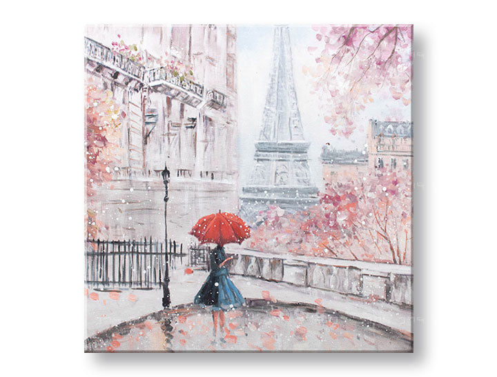 Pictat manual tablou pe pânză cu motivul PARIS, Turnul Eiffel, flori de cireș, ploaie, motiv urban în roz-roșu nuanțe, potrivit pentru dormitor – principală