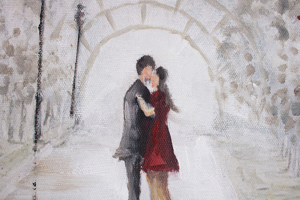 Pictat manual tablou pe pânză cu motivul PARIS, Turnul Eiffel, copaci, potecă, natură în alb-portocaliu nuanțe, atmosferă romantică – produs, vedere 3