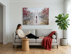 Pictat manual tablou pe pânză cu motivul PARIS, Turnul Eiffel, copaci, potecă, natură în alb-portocaliu nuanțe agățat în interiorul hol – interior
