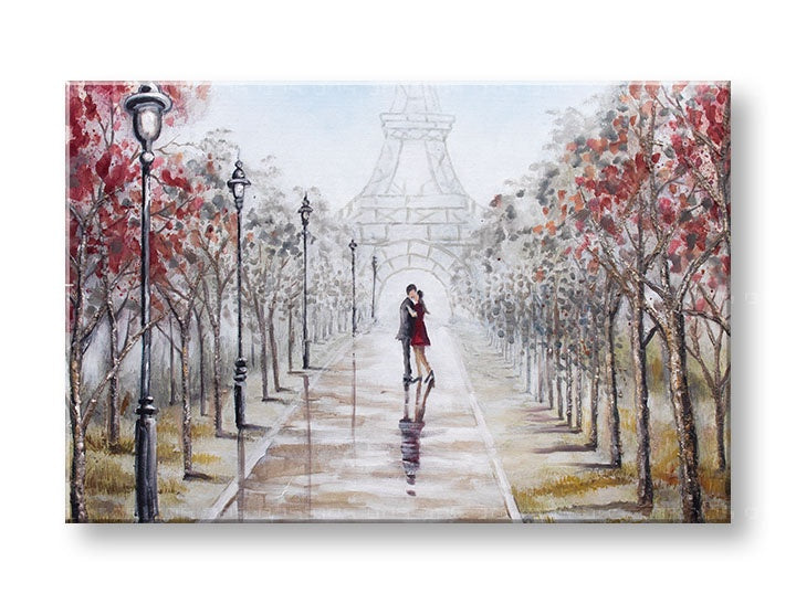 Pictat manual tablou cu motivul PARIS, Turnul Eiffel, copaci în alb-portocaliu nuanțe | Tablou pictat de perete PARIS, dragoste – previzualizare