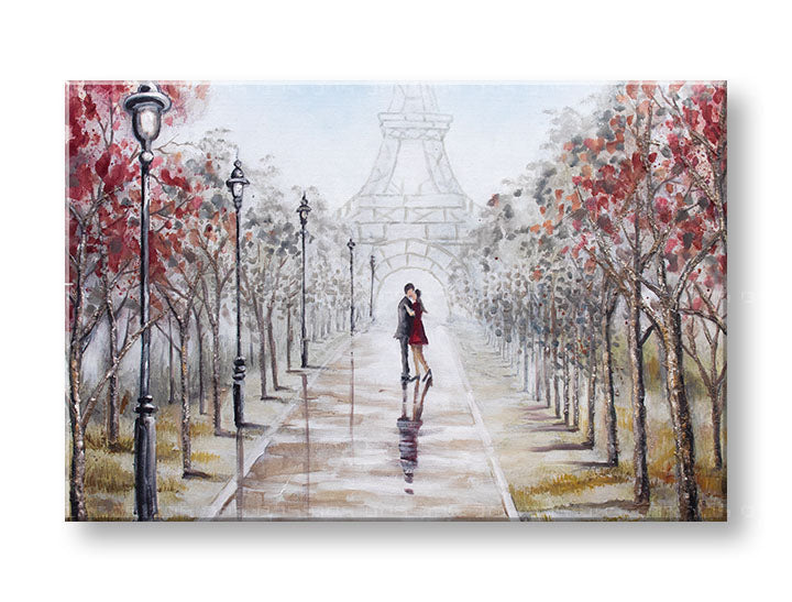 Pictat manual tablou pe pânză cu motivul PARIS, Turnul Eiffel, copaci, potecă, natură în alb-portocaliu nuanțe, atmosferă romantică – principală