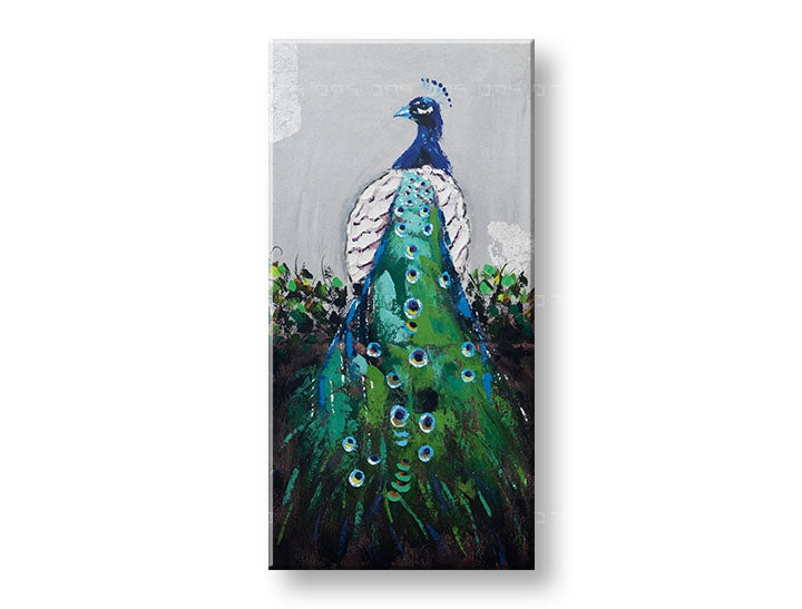 Pop art tablou cu motivul PĂUN, pasăre în alb-albastru nuanțe | Tablou pictat de perete PĂUN, natură și eleganță – previzualizare