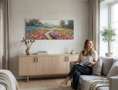 Pictat manual tablou pe pânză cu motivul copaci, cer, peisaj, flori, natură în multicolor nuanțe agățat în interiorul hol, natură și atmosferă de primăvară – interior