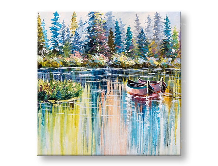 Pictat manual tablou cu motivul lac, pădure, copaci în alb-bej nuanțe | Tablou pictat de perete KRAJINA, natură și singurătate – previzualizare