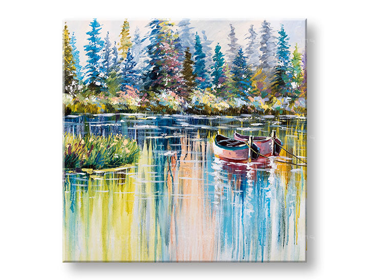 Pictat manual tablou pe pânză cu motivul lac, pădure, copaci, natură în alb-bej nuanțe, atmosferă liniștită, natură și singurătate, potrivit pentru sufragerie – principală