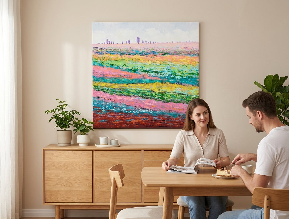 În stil scandinav tablou pe pânză cu motivul copaci, cer, hartă, natură în alb-bej nuanțe agățat în interiorul sufragerie, natură și atmosferă de primăvară – interior