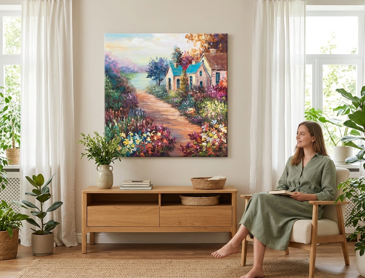 În stil scandinav tablou pe pânză cu motivul potecă, flori, copaci, hartă, natură în alb-bej nuanțe agățat în interiorul sufragerie – interior