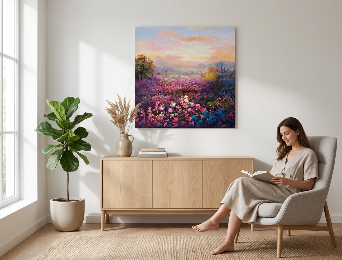 În stil scandinav tablou pe pânză cu motivul câmp, munți, copaci, cer, hartă în alb-bej nuanțe agățat în interiorul sufragerie, natură și atmosferă de primăvară – interior