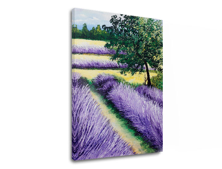 În stil boho tablou pe pânză cu motivul copac, cer, nori, peisaj, flori în violet-albastru nuanțe, atmosferă liniștită, natură, potrivit pentru bucătărie – produs, vedere 2