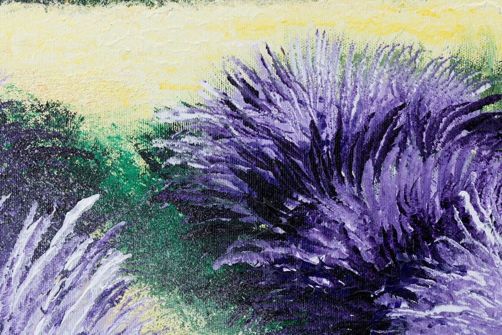 În stil boho tablou pe pânză cu motivul copac, cer, nori, peisaj, flori în violet-albastru nuanțe, atmosferă liniștită, natură, potrivit pentru bucătărie – produs, vedere 4