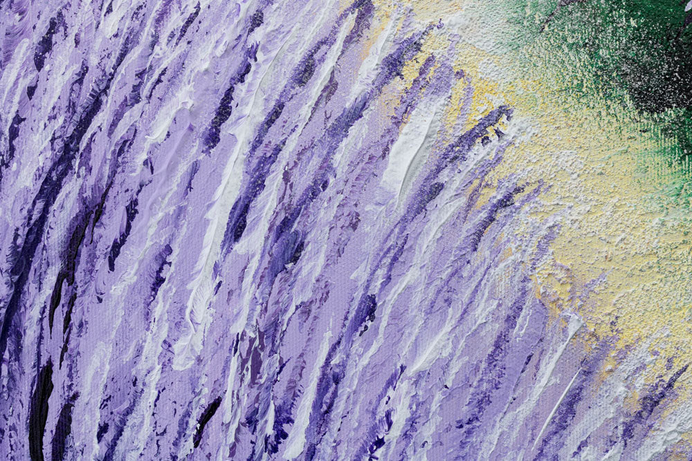 În stil boho tablou pe pânză cu motivul copac, cer, nori, peisaj, flori în violet-albastru nuanțe, atmosferă liniștită, natură, potrivit pentru bucătărie – produs, vedere 5