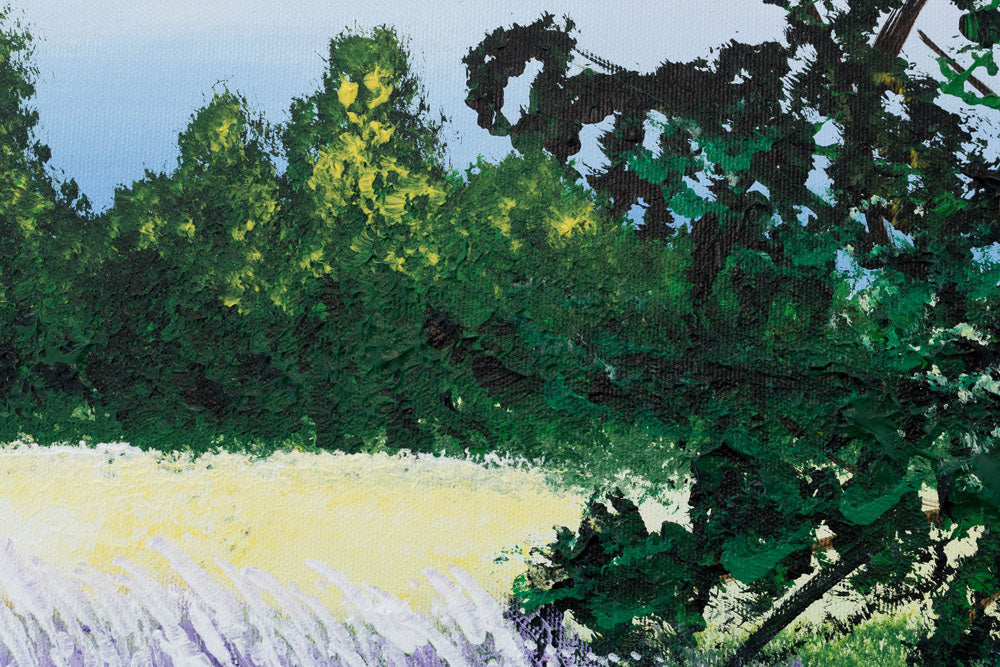 În stil boho tablou pe pânză cu motivul copac, cer, nori, peisaj, flori în violet-albastru nuanțe, atmosferă liniștită, natură, potrivit pentru bucătărie – produs, vedere 6