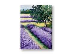 În stil boho tablou pe pânză cu motivul copac, cer, nori, peisaj, flori în violet-albastru nuanțe, atmosferă liniștită, natură, potrivit pentru bucătărie – produs
