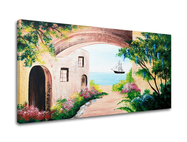 În stil boho tablou pe pânză cu motivul ocean, grădină, flori, mare și plajă, natură în bej-maro nuanțe, atmosferă liniștită, potrivit pentru hol – produs, vedere 2