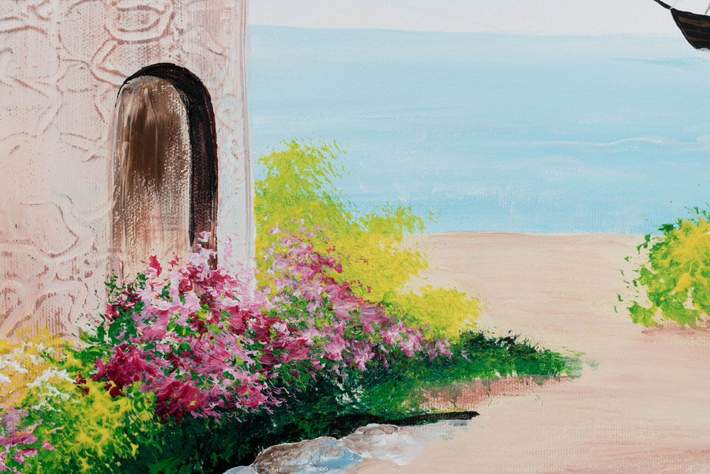 În stil boho tablou pe pânză cu motivul ocean, grădină, flori, mare și plajă, natură în bej-maro nuanțe, atmosferă liniștită, potrivit pentru hol – produs, vedere 3