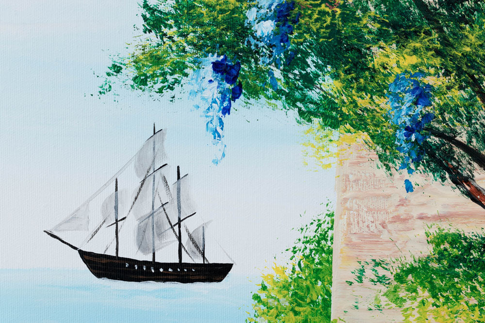 În stil boho tablou pe pânză cu motivul ocean, grădină, flori, mare și plajă, natură în bej-maro nuanțe, atmosferă liniștită, potrivit pentru hol – produs, vedere 5