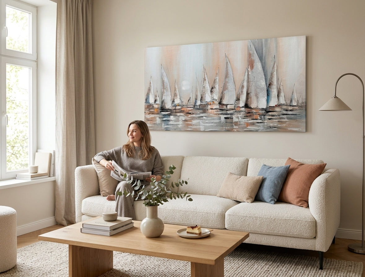 Pictat manual tablou pe pânză cu motivul PLACHETNICE, hartă în alb-bej nuanțe agățat în interiorul sufragerie, atmosferă liniștită, viață la mare – interior