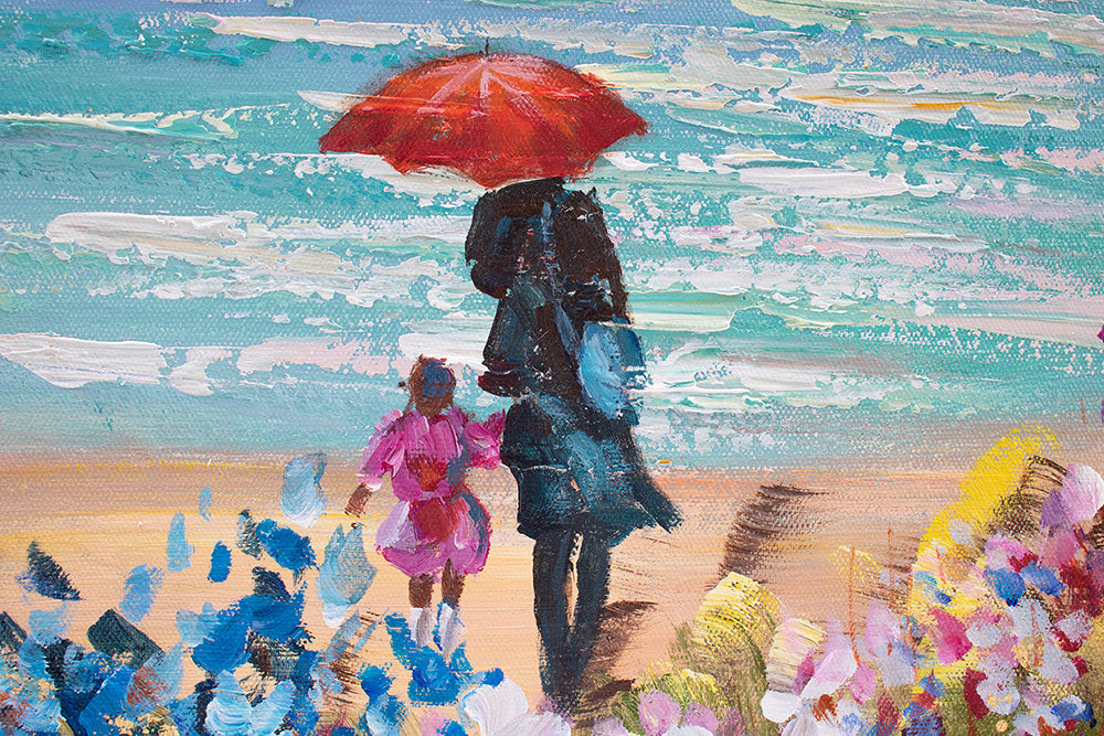 Pictat manual tablou pe pânză cu motivul PLAJĂ, ocean, peisaj, flori, mare și plajă în alb-albastru nuanțe, atmosferă romantică, potrivit pentru dormitor – produs, vedere 2