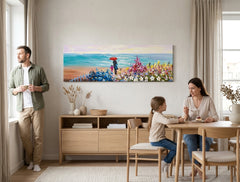 Pictat manual tablou pe pânză cu motivul PLAJĂ, ocean, peisaj, flori, mare și plajă în alb-albastru nuanțe agățat în interiorul dormitor, dragoste și natură – interior