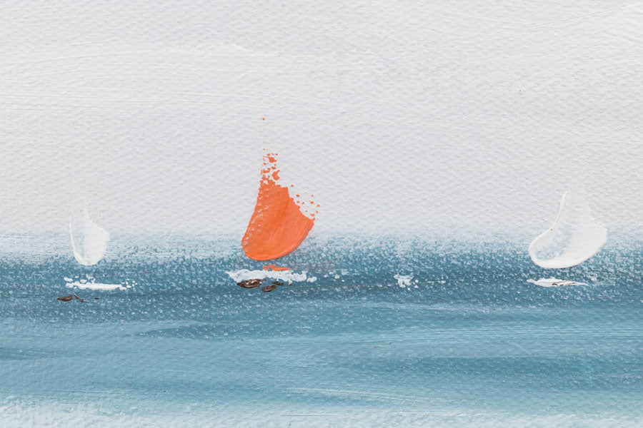 În stil boho tablou pe pânză cu motivul PLAJĂ, ocean, cer, mare și plajă în alb-bej nuanțe, atmosferă liniștită, singurătate, potrivit pentru sufragerie – produs