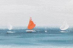 În stil boho tablou pe pânză cu motivul PLAJĂ, ocean, cer, mare și plajă în alb-bej nuanțe, atmosferă liniștită, singurătate, potrivit pentru sufragerie – produs