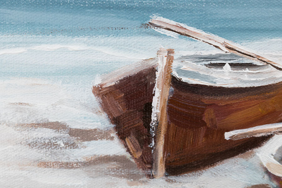 În stil boho tablou pe pânză cu motivul PLAJĂ, ocean, cer, mare și plajă în alb-bej nuanțe, atmosferă liniștită, singurătate, potrivit pentru sufragerie – produs, vedere 2