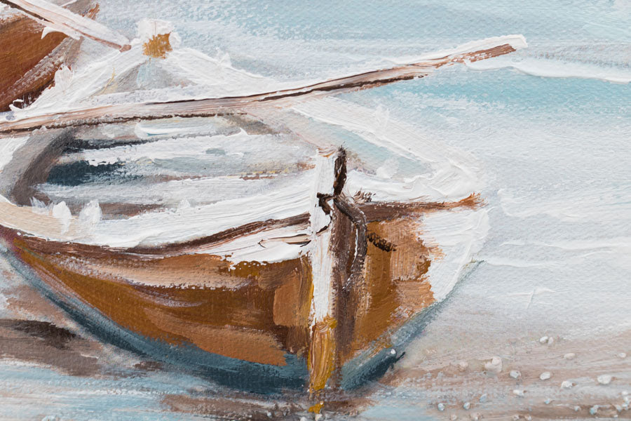 În stil boho tablou pe pânză cu motivul PLAJĂ, ocean, cer, mare și plajă în alb-bej nuanțe, atmosferă liniștită, singurătate, potrivit pentru sufragerie – produs, vedere 3
