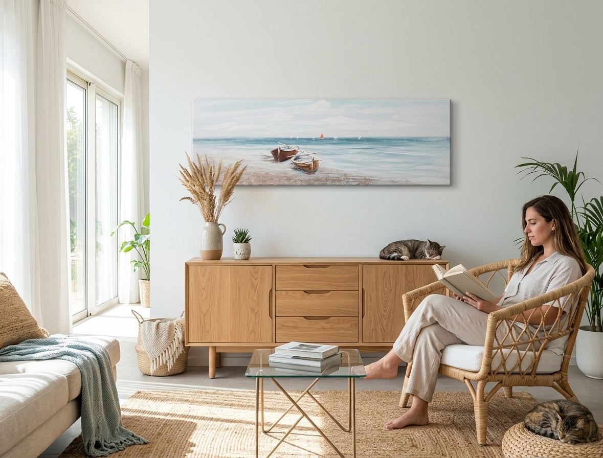 În stil boho tablou pe pânză cu motivul PLAJĂ, ocean, cer, mare și plajă în alb-bej nuanțe agățat în interiorul sufragerie, atmosferă liniștită – interior