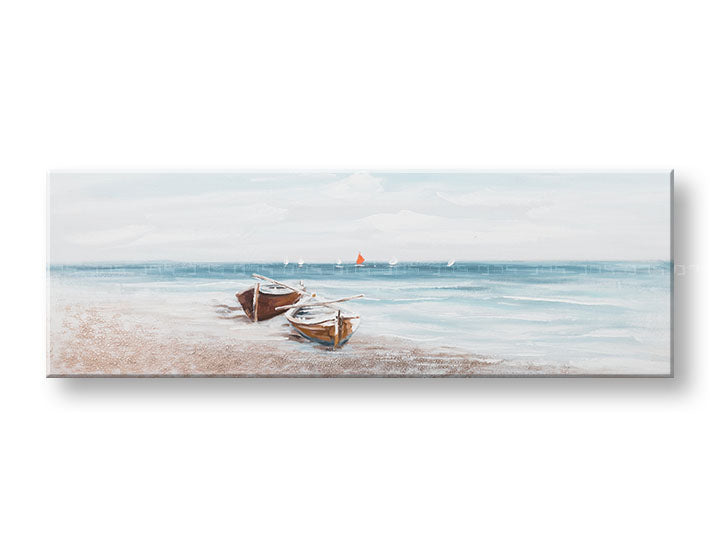 În stil boho tablou pe pânză cu motivul PLAJĂ, ocean, cer, mare și plajă în alb-bej nuanțe, atmosferă liniștită, singurătate, potrivit pentru sufragerie – principală