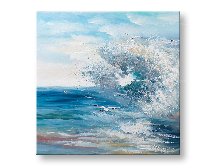 În stil boho tablou pe pânză cu motivul MORSKÉ VLNY, ocean, val, cer, hartă în alb-albastru nuanțe, atmosferă energică, natură și viață la mare – principală