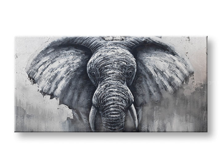 Pictat manual tablou pe pânză cu motivul elefant în alb-gri nuanțe, atmosferă maiestuoasă, natură și forță, potrivit pentru birou | Tablou pictat de perete ELEFANT – principală
