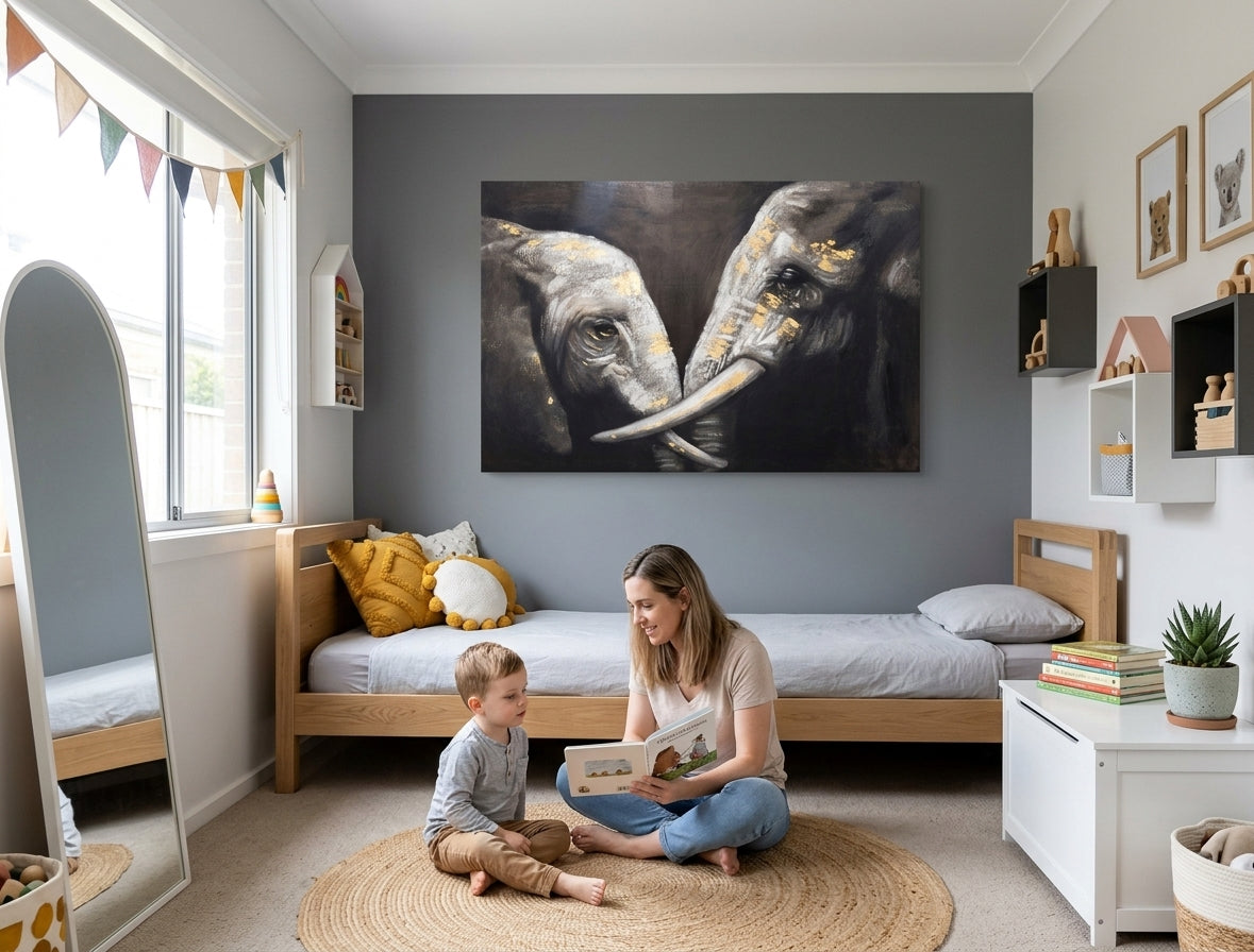 Pictat manual tablou pe pânză cu motivul SLONY, animal în gri-auriu nuanțe agățat în interiorul birou, atmosferă festivă, natură și forță – interior