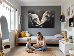 Pictat manual tablou pe pânză cu motivul SLONY, animal în gri-auriu nuanțe agățat în interiorul birou, atmosferă festivă, natură și forță – interior