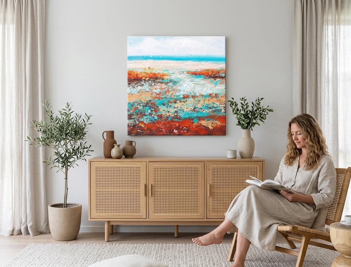 Pictat manual tablou pe pânză cu motivul LITORAL, ocean, plajă, valuri, peisaj în multicolor nuanțe agățat în interiorul birou, natură – interior