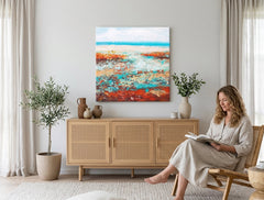 Pictat manual tablou pe pânză cu motivul LITORAL, ocean, plajă, valuri, peisaj în multicolor nuanțe agățat în interiorul birou, natură – interior
