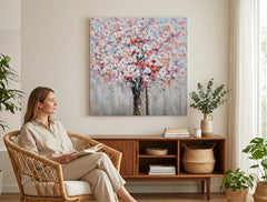 În stil boho tablou pe pânză cu motivul STROM, cer, flori, natură în alb-albastru nuanțe agățat în interiorul bucătărie, atmosferă liniștită – interior