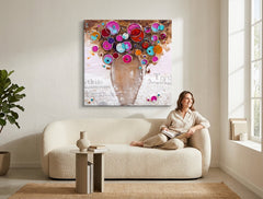 În stil boho tablou pe pânză cu motivul VÁZA S KVETMI, motiv pentru copii în multicolor nuanțe agățat în interiorul sufragerie, atmosferă capricioasă – interior