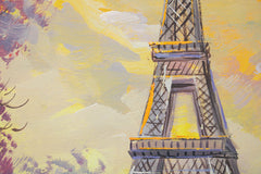 Pictat manual tablou pe pânză cu motivul PLIMBARE V PARÍŽI, Turnul Eiffel, copaci în albastru-roz nuanțe, atmosferă romantică, potrivit pentru dormitor – produs