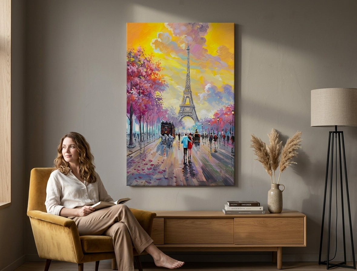 Pictat manual tablou pe pânză cu motivul PLIMBARE V PARÍŽI, Turnul Eiffel, copaci în albastru-roz nuanțe agățat în interiorul dormitor, romantism și viață urbană – interior