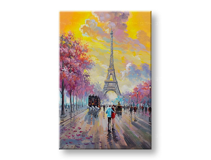 Pictat manual tablou cu motivul PLIMBARE V PARÍŽI, Turnul Eiffel, copaci în albastru-roz nuanțe | Tablou pictat de perete PLIMBARE V PARÍŽI – previzualizare
