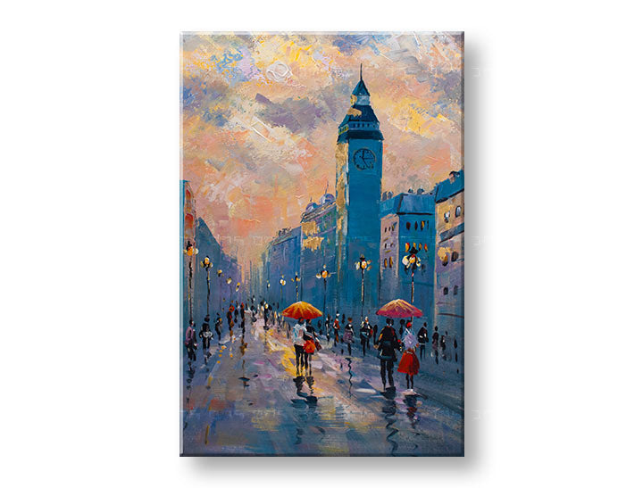 În stil boho tablou pe pânză cu motivul PLIMBARE MESTOM, peisaj, hartă în albastru-portocaliu nuanțe, atmosferă romantică, viață urbană, potrivit pentru birou – principală