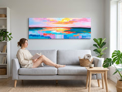 Pop art tablou pe pânză cu motivul APUS DE SOARE, ocean, cer, peisaj în violet-albastru nuanțe agățat în interiorul birou, atmosferă liniștită – interior