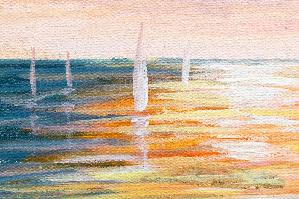 În stil boho tablou pe pânză cu motivul APUS DE SOARE, ocean, cer, nori, mare și plajă în violet-albastru nuanțe, atmosferă liniștită, potrivit pentru hol – produs, vedere 4