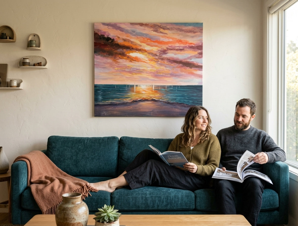 În stil boho tablou pe pânză cu motivul APUS DE SOARE, ocean, cer, nori, mare și plajă în violet-albastru nuanțe agățat în interiorul hol – interior