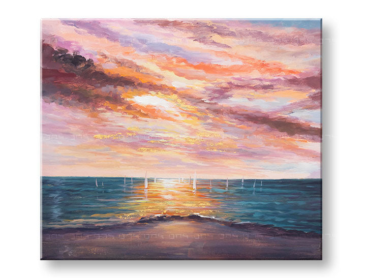 În stil boho tablou pe pânză cu motivul APUS DE SOARE, ocean, cer, nori, mare și plajă în violet-albastru nuanțe, atmosferă liniștită, potrivit pentru hol – principală