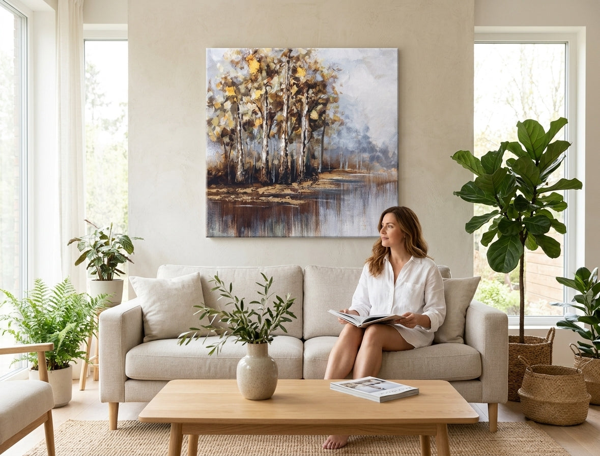 Pictat manual tablou pe pânză cu motivul copaci, pădure, cer, natură în alb-maro nuanțe agățat în interiorul sufragerie, atmosferă liniștită – interior