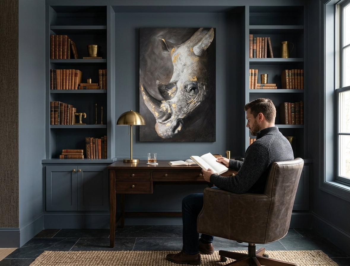 Pictat manual tablou pe pânză cu motivul RINOCER în gri-auriu nuanțe agățat în interiorul birou, atmosferă maiestuoasă, natură și forță – interior