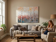 În stil boho tablou pe pânză cu motivul pădure, frunze, copaci, peisaj, natură în multicolor nuanțe agățat în interiorul hol, atmosferă eterică – interior
