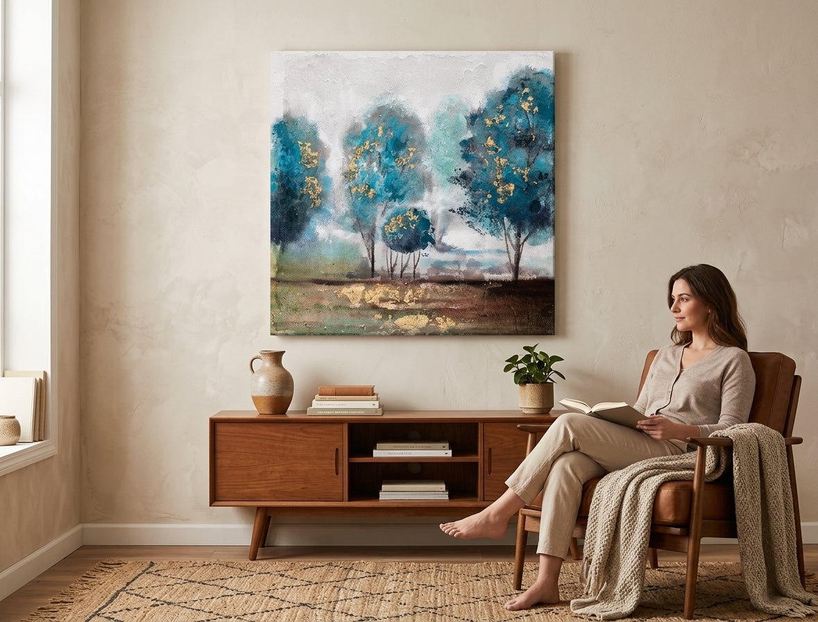 Pictat manual tablou pe pânză cu motivul copaci, peisaj, natură în alb-bej nuanțe agățat în interiorul sufragerie, atmosferă liniștită – interior